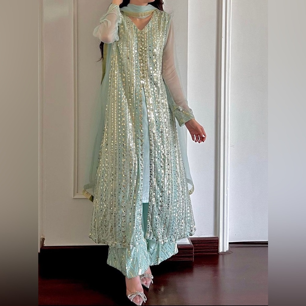 Teal & Gold Sequence Chiffon Kurta Laam.com- Size Small